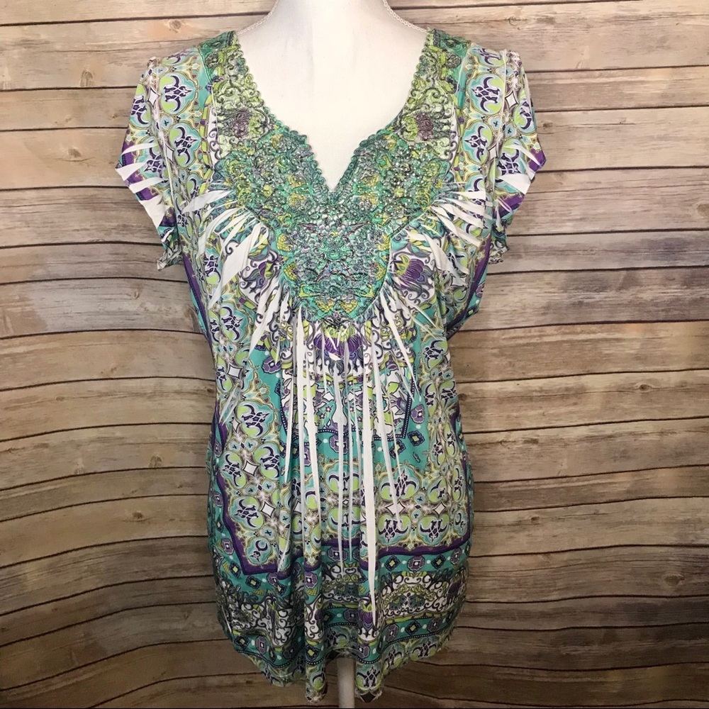 Purple and Teal V-Neck Top